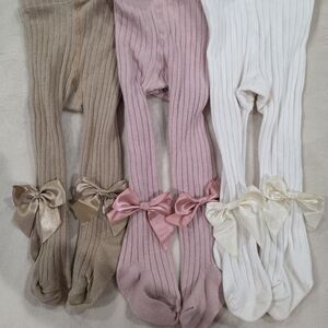 Kids Bow Accent Tights - Pink, Cream, and Tan